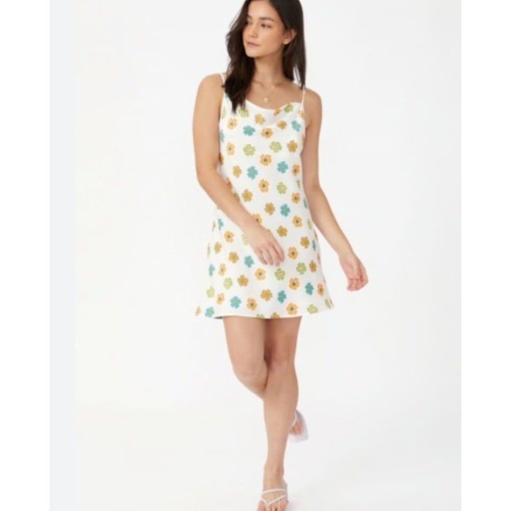 Cotton On White Retro Floral‎ Cowl Neck Slip Mini Dress Small